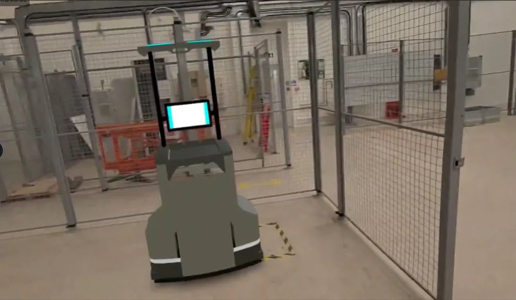 View through the headset of the virtual Porter in the warehouse environment.